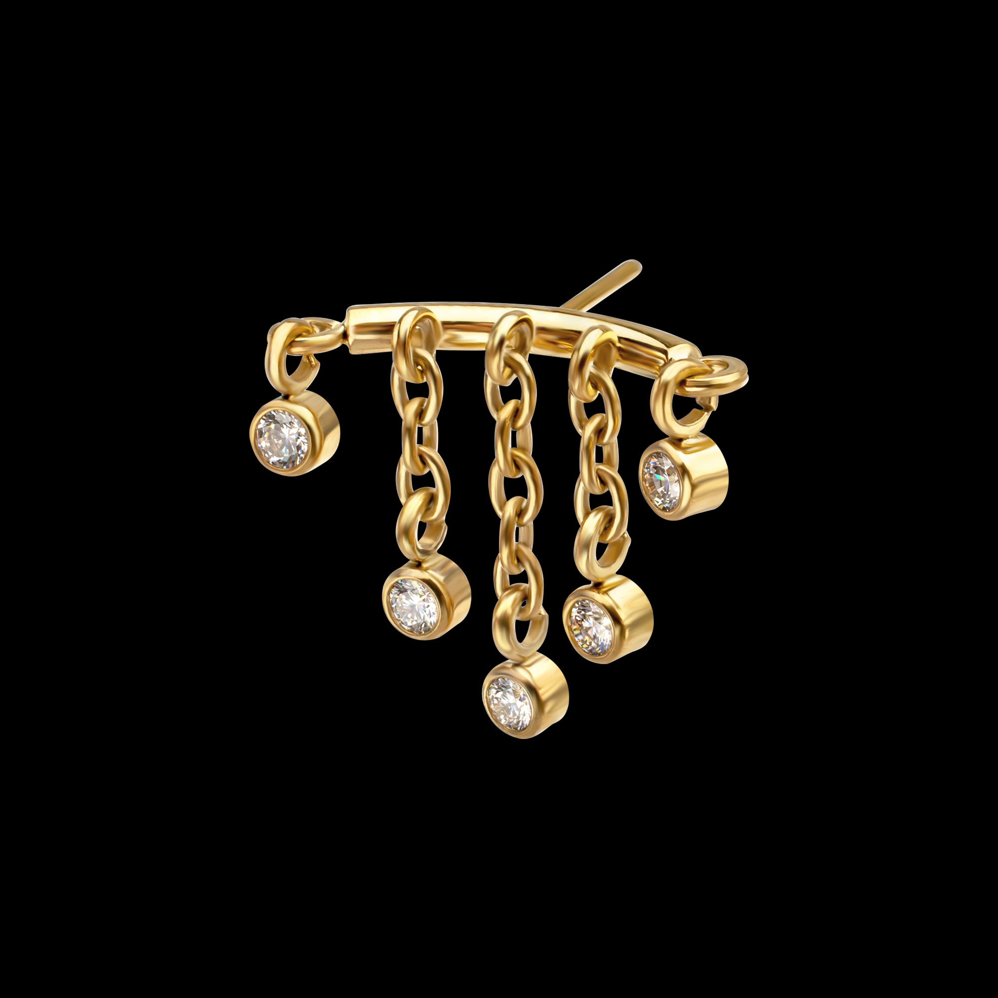 Vertical Helix Curved Bar with 5-Chain Bezel Gem Dangle Flatback Stud Earring / Nosering - Gem in 24Kt Gold PVD Titanium