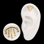 Vertical Helix Curved Bar with 5-Chain Bezel Gem Dangle Flatback Stud Earring / Nosering - Gem in 24Kt Gold PVD Titanium