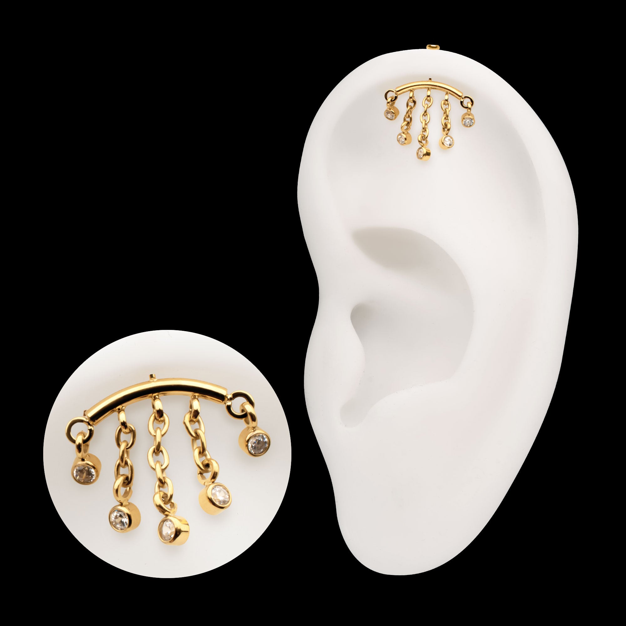 Vertical Helix Curved Bar with 5-Chain Bezel Gem Dangle Flatback Stud Earring / Nosering - Gem in 24Kt Gold PVD Titanium