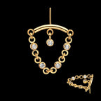 Vertical Helix Curved Bar with CZ Chain Dangle & Floating Gem Flatback Stud Earring / Nosering - CZ in 24Kt Gold PVD Titanium