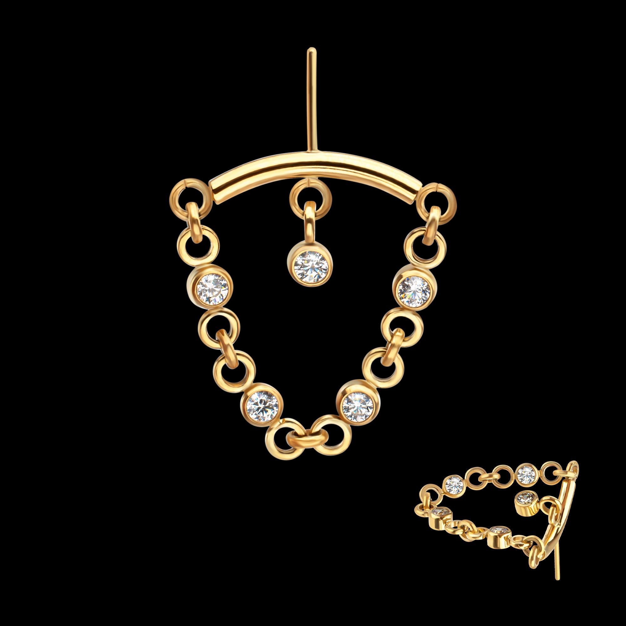 Vertical Helix Curved Bar with CZ Chain Dangle & Floating Gem Flatback Stud Earring / Nosering - CZ in 24Kt Gold PVD Titanium