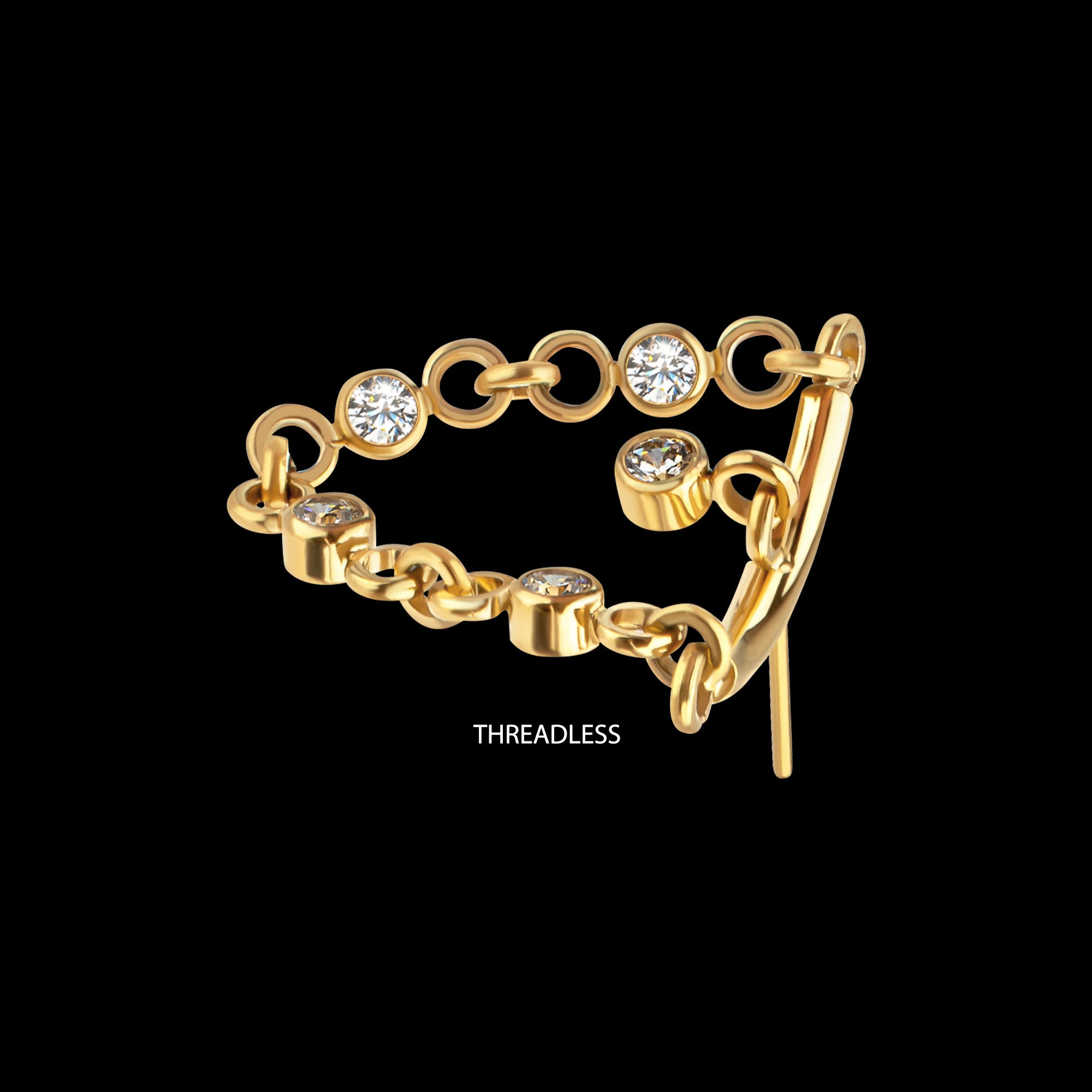 Vertical Helix Curved Bar with CZ Chain Dangle & Floating Gem Flatback Stud Earring / Nosering - CZ in 24Kt Gold PVD Titanium