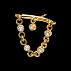 Vertical Helix Curved Bar with CZ Chain Dangle & Floating Gem Flatback Stud Earring / Nosering - CZ in 24Kt Gold PVD Titanium