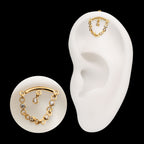 Vertical Helix Curved Bar with CZ Chain Dangle & Floating Gem Flatback Stud Earring / Nosering - CZ in 24Kt Gold PVD Titanium