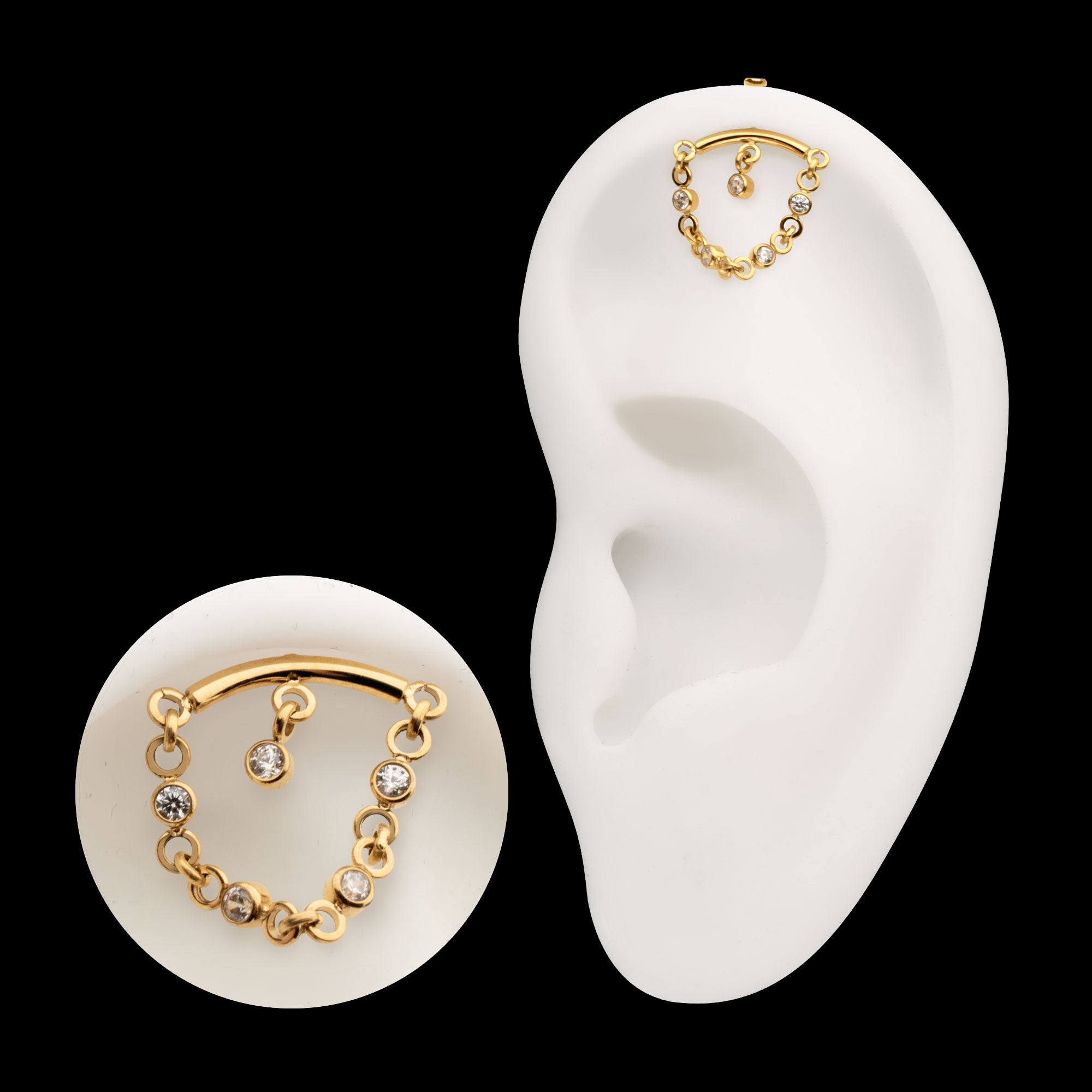 Vertical Helix Curved Bar with CZ Chain Dangle & Floating Gem Flatback Stud Earring / Nosering - CZ in 24Kt Gold PVD Titanium