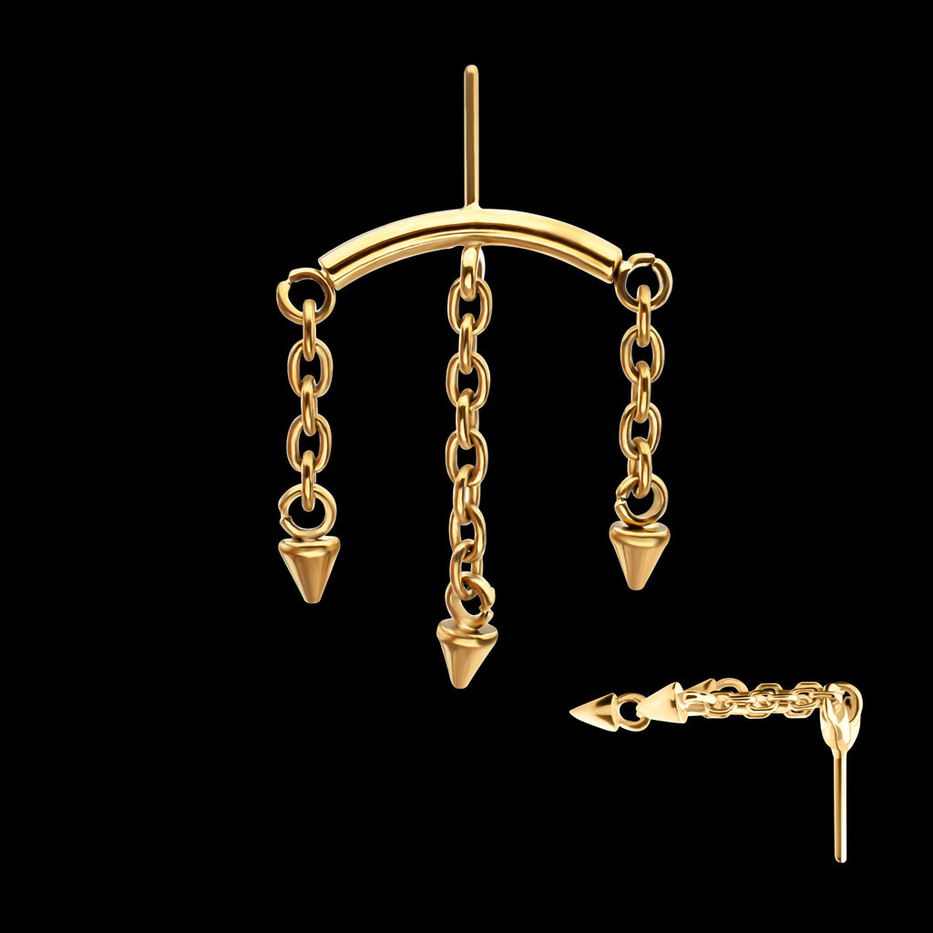 Vertical Helix Curved Bar with 3 Spiked Chain Dangle Flatback Stud Earring / Nosering - 24Kt Gold PVD Titanium