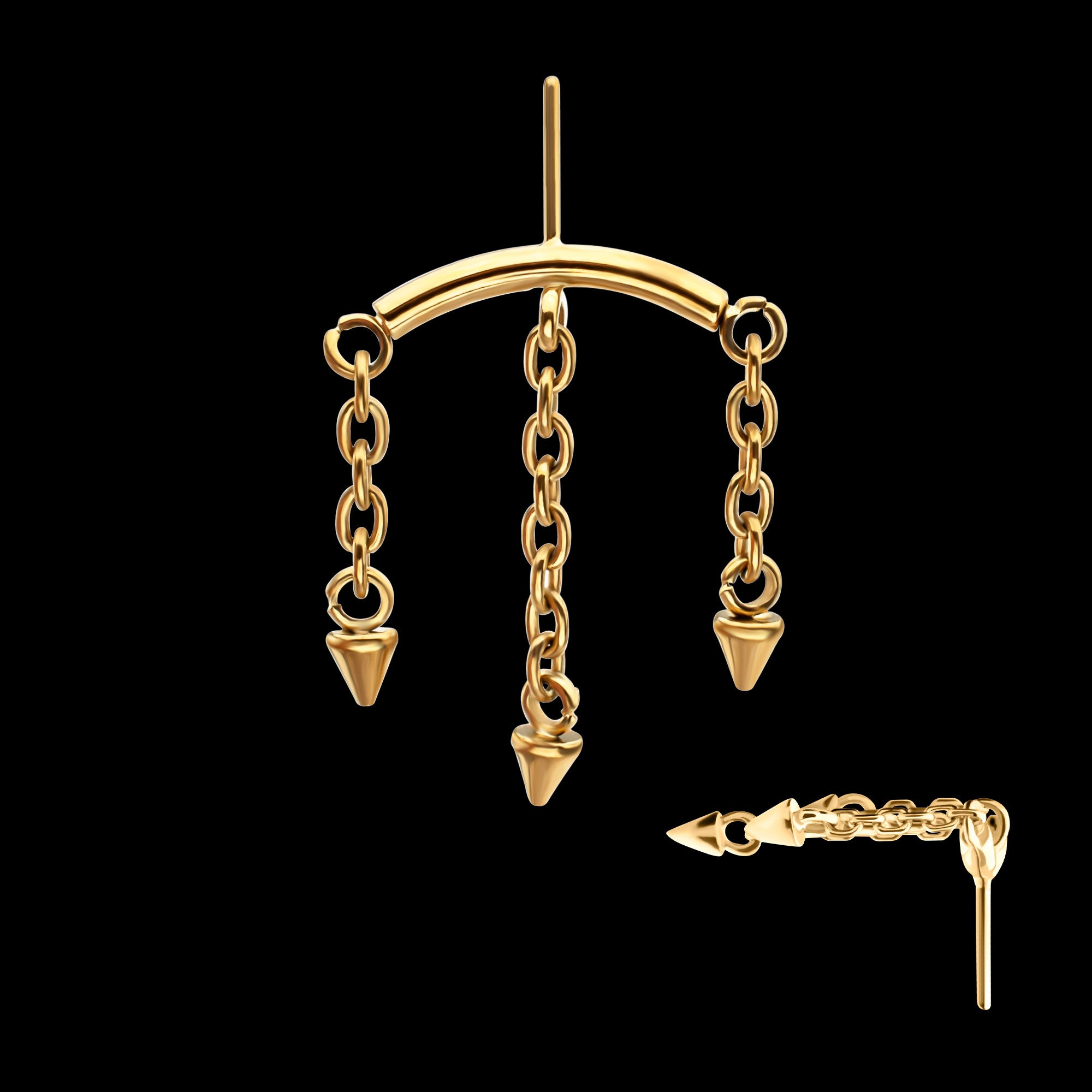 Vertical Helix Curved Bar with 3 Spiked Chain Dangle Flatback Stud Earring / Nosering - 24Kt Gold PVD Titanium