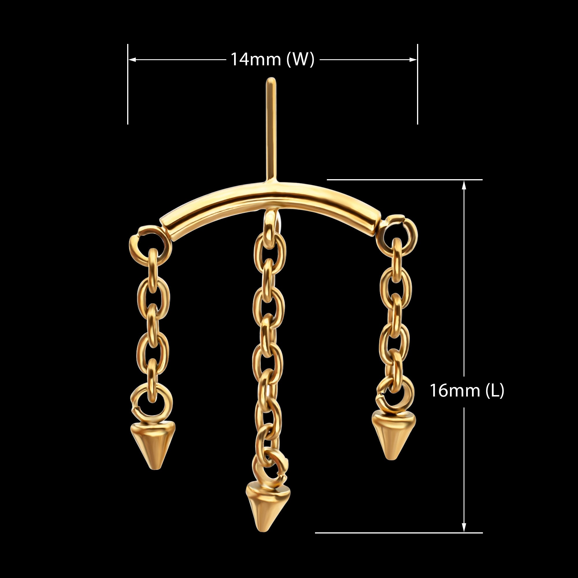 Vertical Helix Curved Bar with 3 Spiked Chain Dangle Flatback Stud Earring / Nosering - 24Kt Gold PVD Titanium