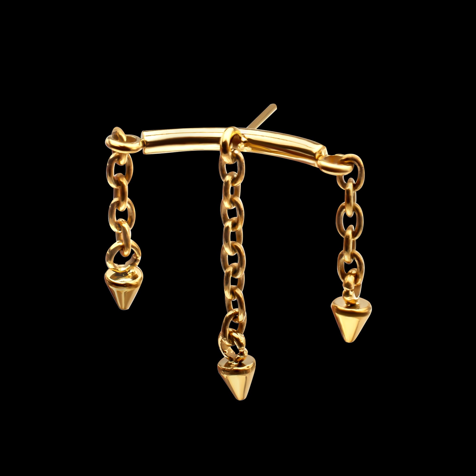 Vertical Helix Curved Bar with 3 Spiked Chain Dangle Flatback Stud Earring / Nosering - 24Kt Gold PVD Titanium