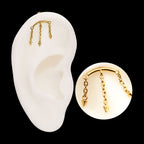 Vertical Helix Curved Bar with 3 Spiked Chain Dangle Flatback Stud Earring / Nosering - 24Kt Gold PVD Titanium