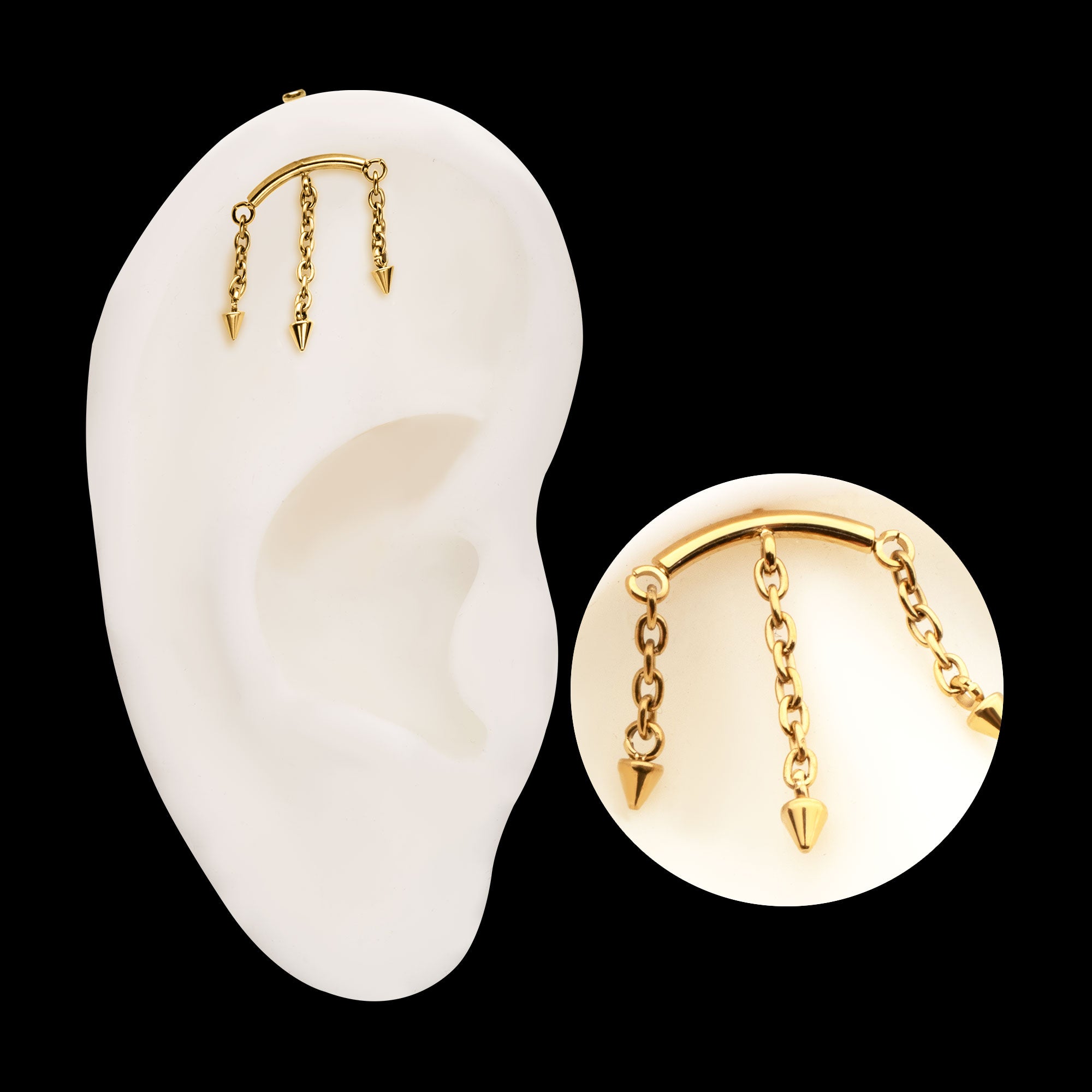 Vertical Helix Curved Bar with 3 Spiked Chain Dangle Flatback Stud Earring / Nosering - 24Kt Gold PVD Titanium