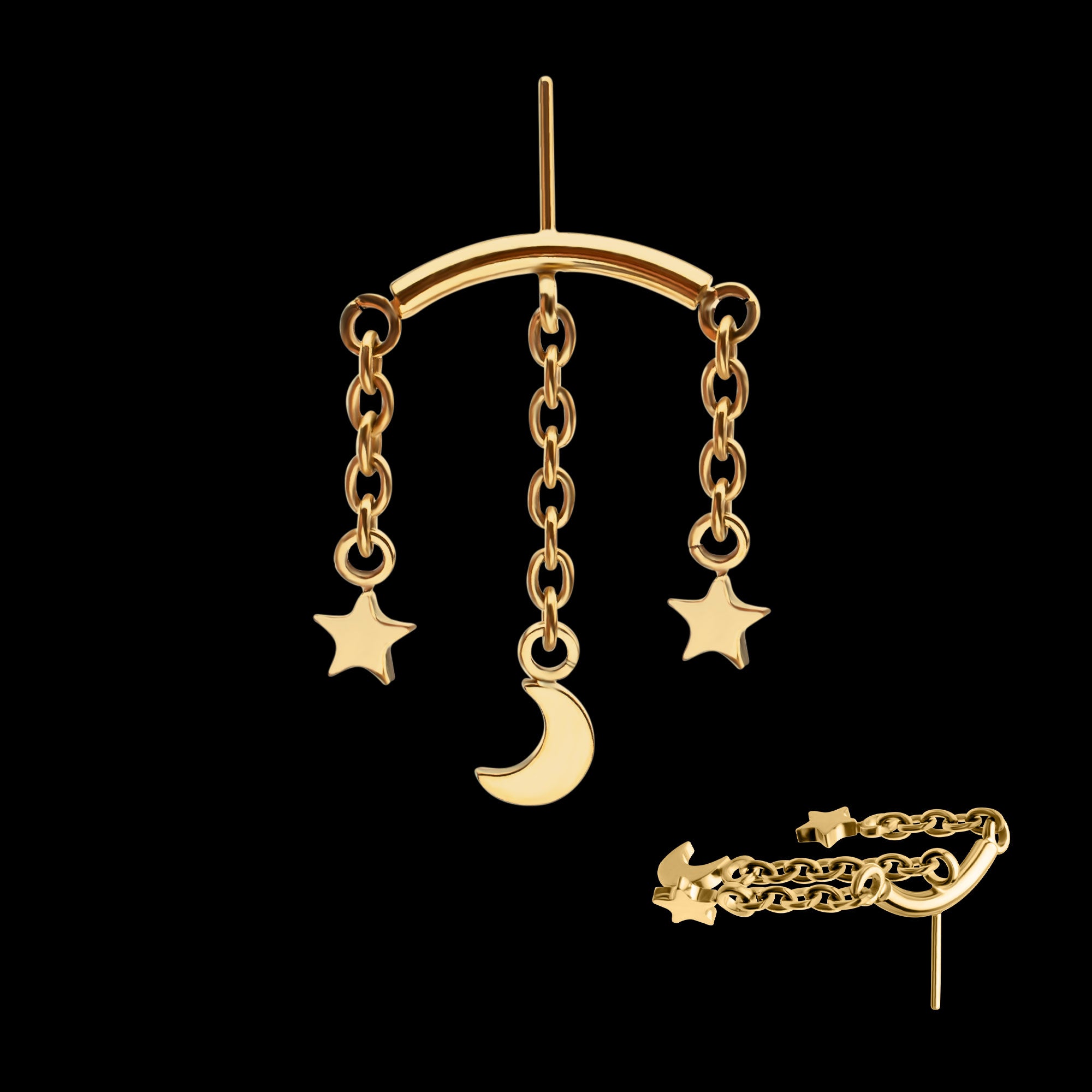 Vertical Helix Curved Bar with Crescent Moon and Star 3-Chain Dangle Flatback Stud Earring / Nosering - 24Kt Gold PVD Titanium