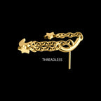 Vertical Helix Curved Bar with Crescent Moon and Star 3-Chain Dangle Flatback Stud Earring / Nosering - 24Kt Gold PVD Titanium