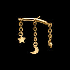 Vertical Helix Curved Bar with Crescent Moon and Star 3-Chain Dangle Flatback Stud Earring / Nosering - 24Kt Gold PVD Titanium