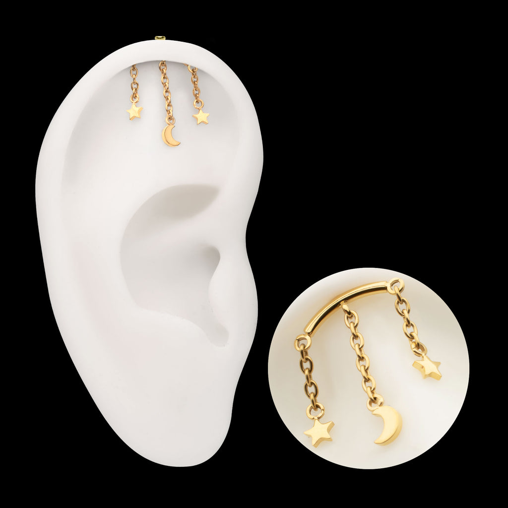 Vertical Helix Curved Bar with Crescent Moon and Star 3-Chain Dangle Flatback Stud Earring / Nosering - 24Kt Gold PVD Titanium