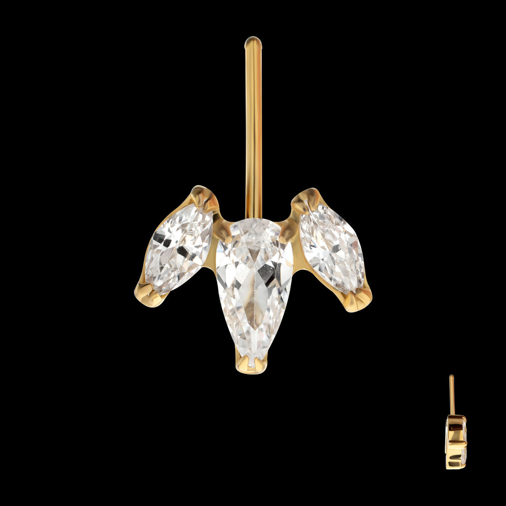 Vertical Helix V-Prong Pear Trio Blossom Cluster Flatback Stud Earring / Nosering - 24Kt Gold PVD Titanium