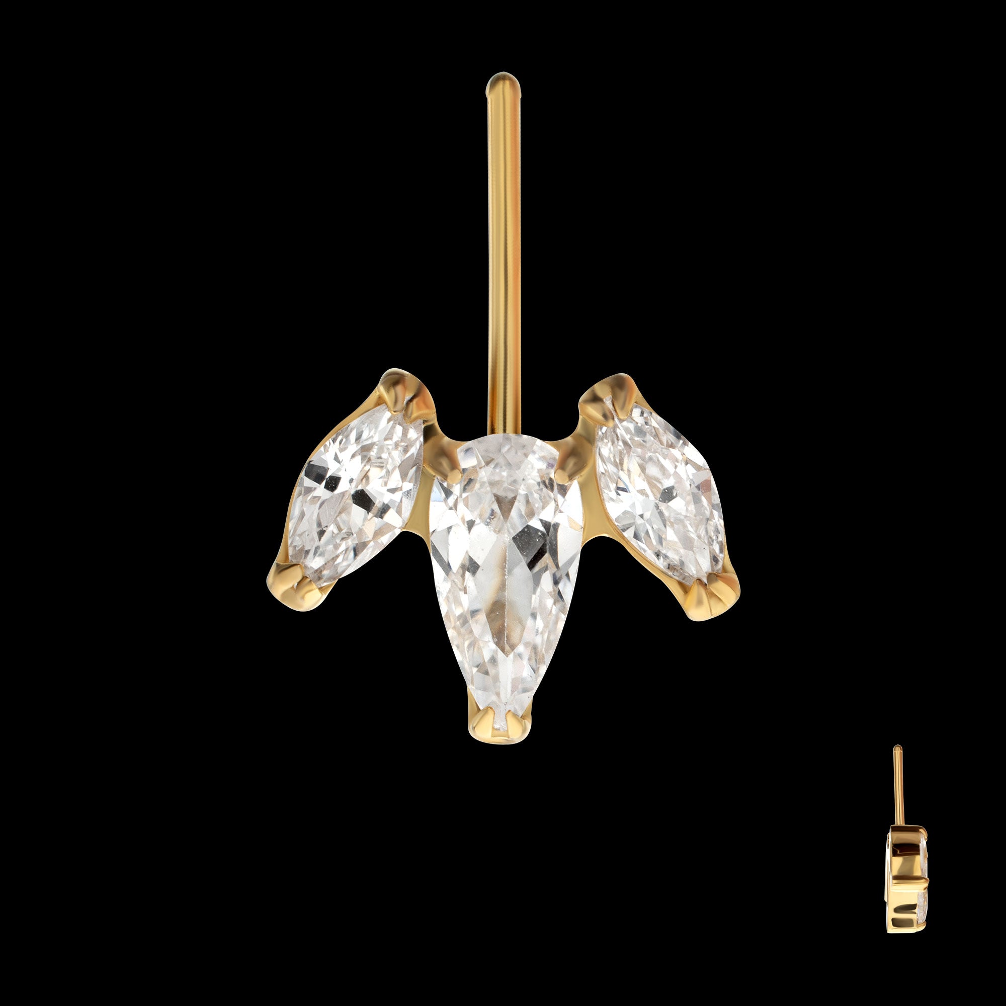 Vertical Helix V-Prong Pear Trio Blossom Cluster Flatback Stud Earring / Nosering - 24Kt Gold PVD Titanium