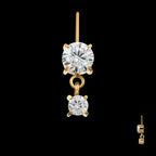 Vertical Helix Double 4-Prong CZ Gem Dangle Flatback Stud Earring / Nosering - CZ in 24Kt Gold PVD Titanium