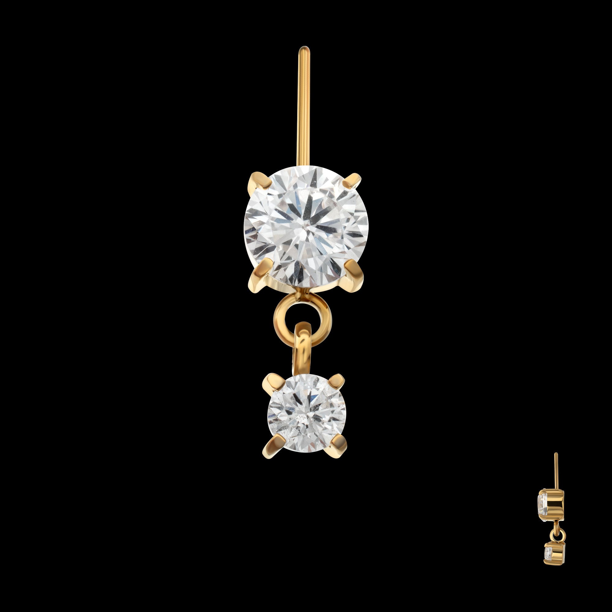 Vertical Helix Double 4-Prong CZ Gem Dangle Flatback Stud Earring / Nosering - CZ in 24Kt Gold PVD Titanium