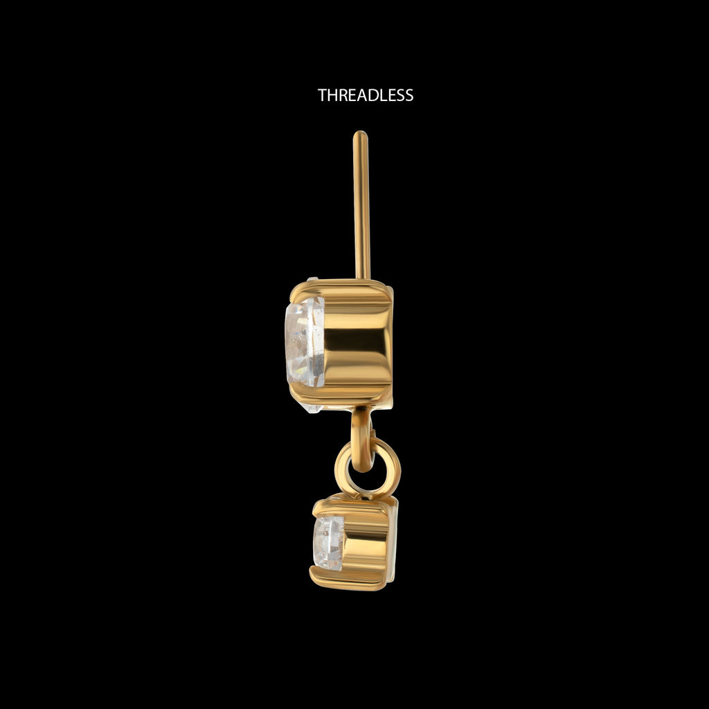 Vertical Helix Double 4-Prong CZ Gem Dangle Flatback Stud Earring / Nosering - CZ in 24Kt Gold PVD Titanium