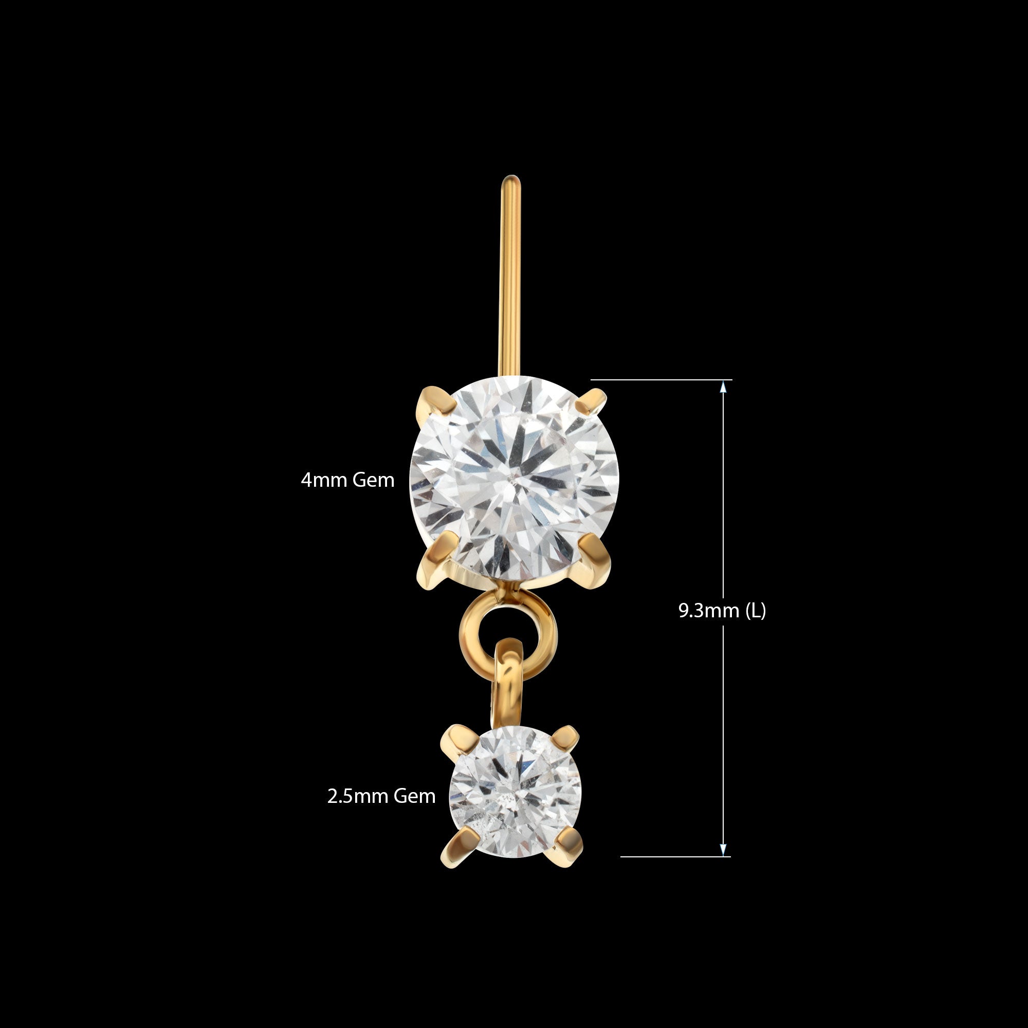Vertical Helix Double 4-Prong CZ Gem Dangle Flatback Stud Earring / Nosering - CZ in 24Kt Gold PVD Titanium