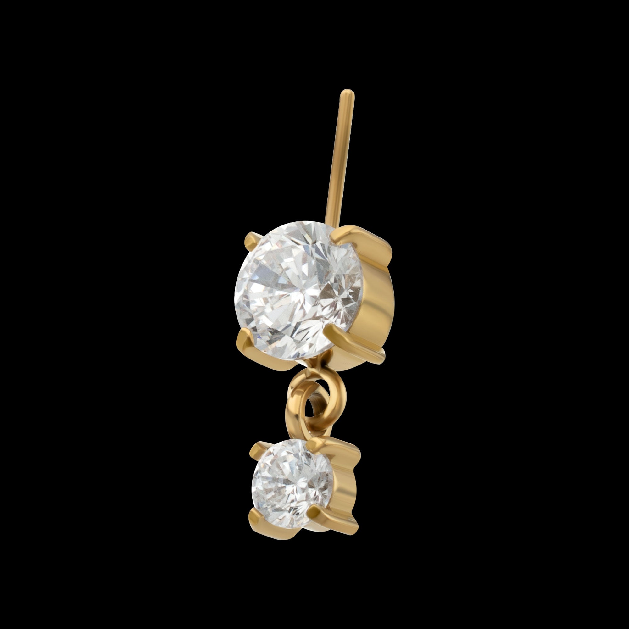 Vertical Helix Double 4-Prong CZ Gem Dangle Flatback Stud Earring / Nosering - CZ in 24Kt Gold PVD Titanium
