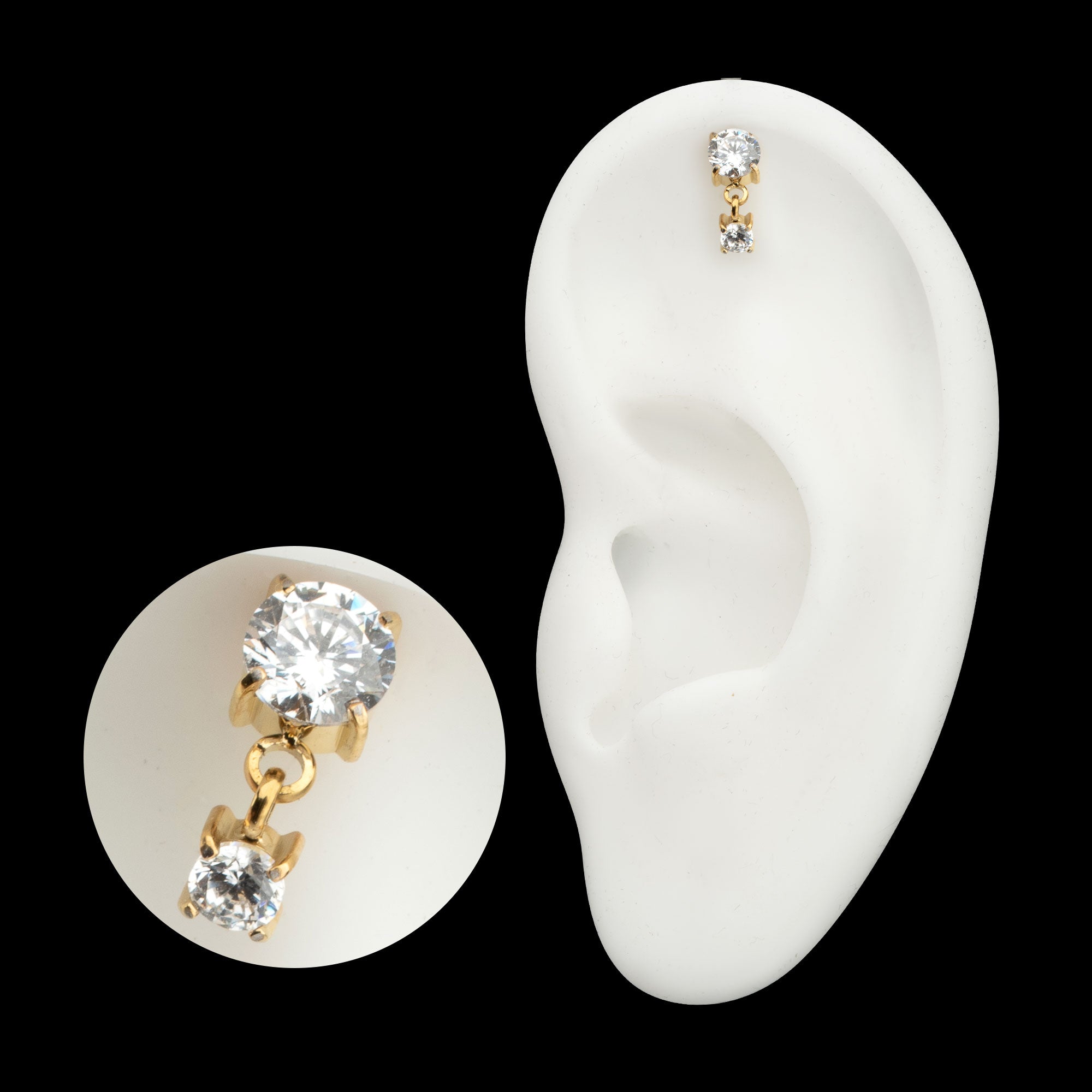 Vertical Helix Double 4-Prong CZ Gem Dangle Flatback Stud Earring / Nosering - CZ in 24Kt Gold PVD Titanium