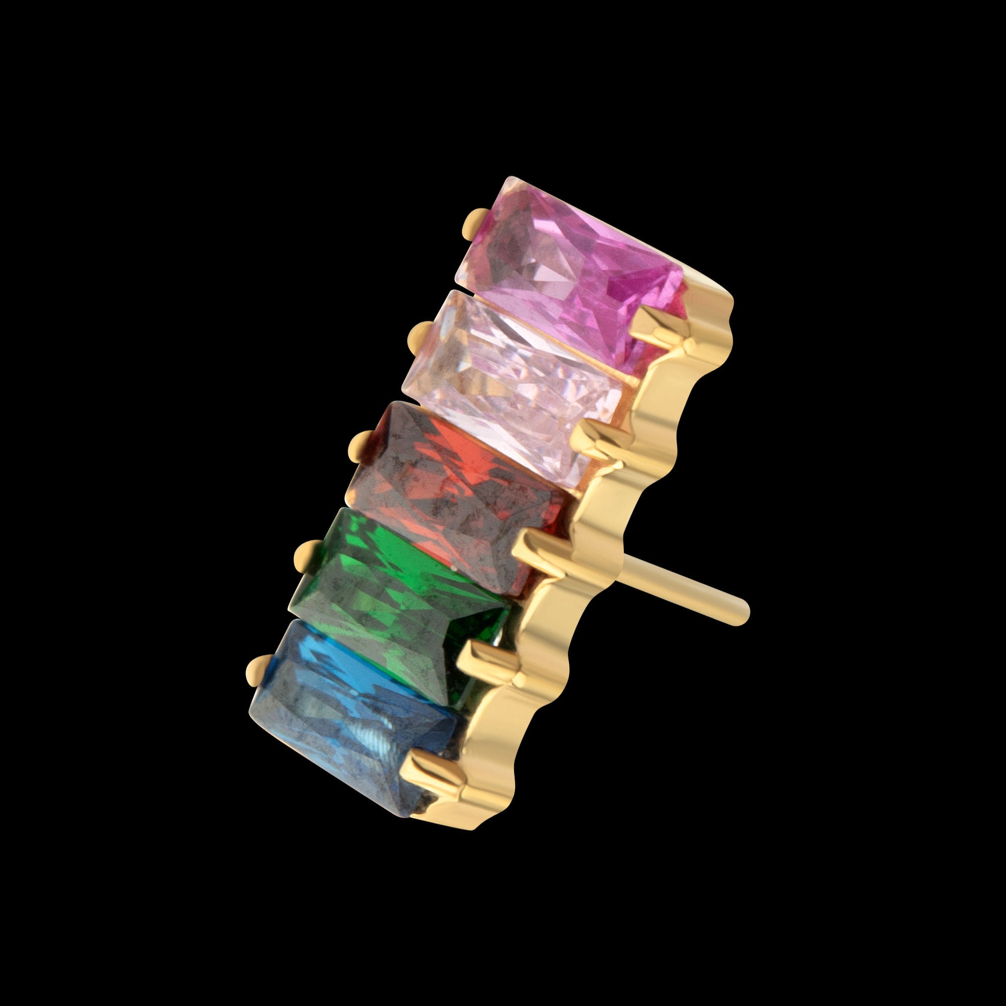 Prong Set Baguette Rainbow CZ-Cluster Flatback Stud Earring / Nosering