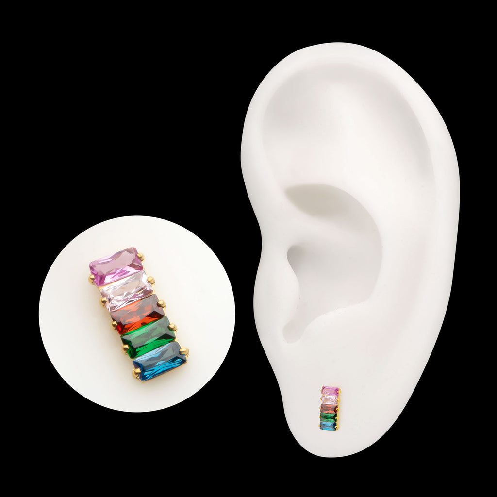 Prong Set Baguette Rainbow CZ-Cluster Flatback Stud Earring / Nosering