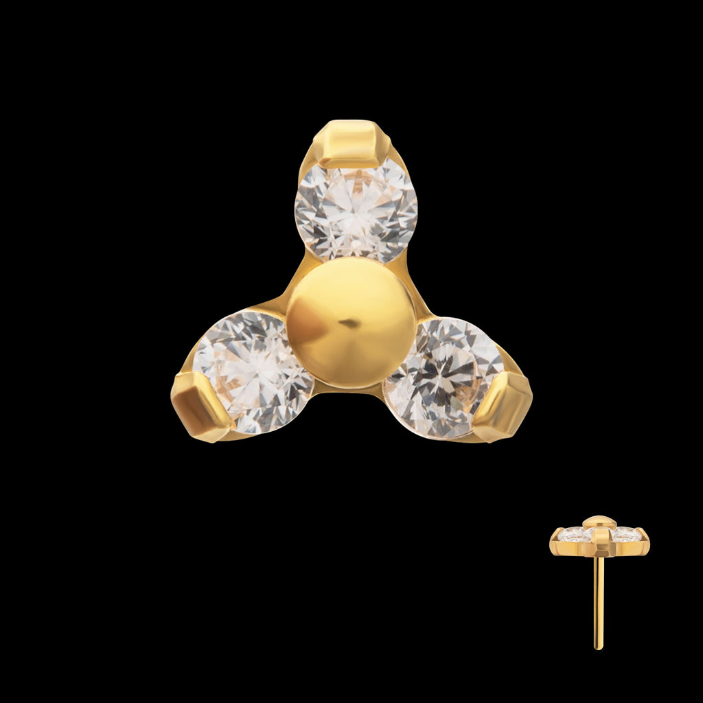 Pronged Round CZ Trinity Flatback Stud Earring / Nosering - CZ in 24Kt Gold PVD Titanium