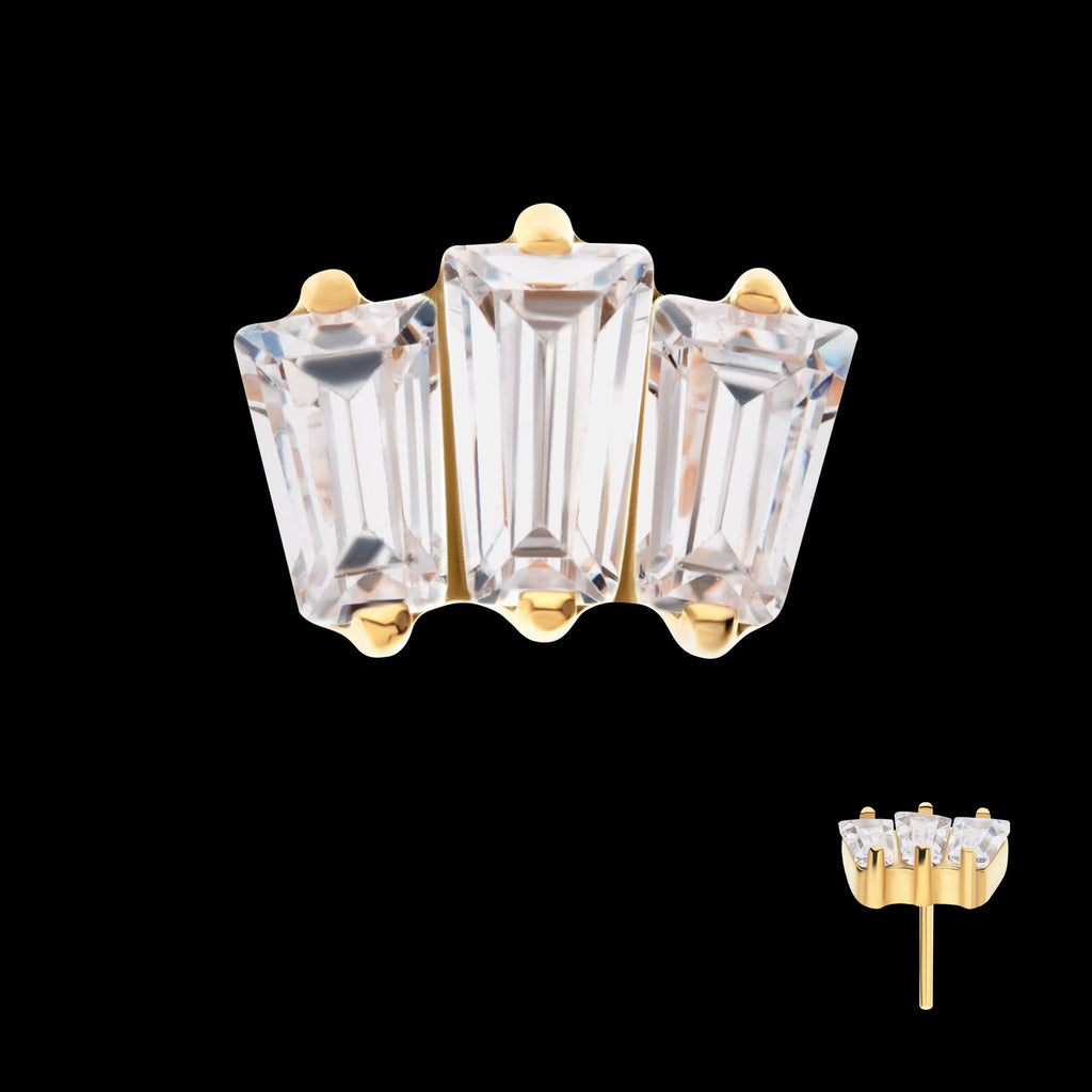 Prong Set Baguette CZ 3-Cluster Flatback Stud Earring / Nosering - CZ in 24Kt Gold PVD Titanium