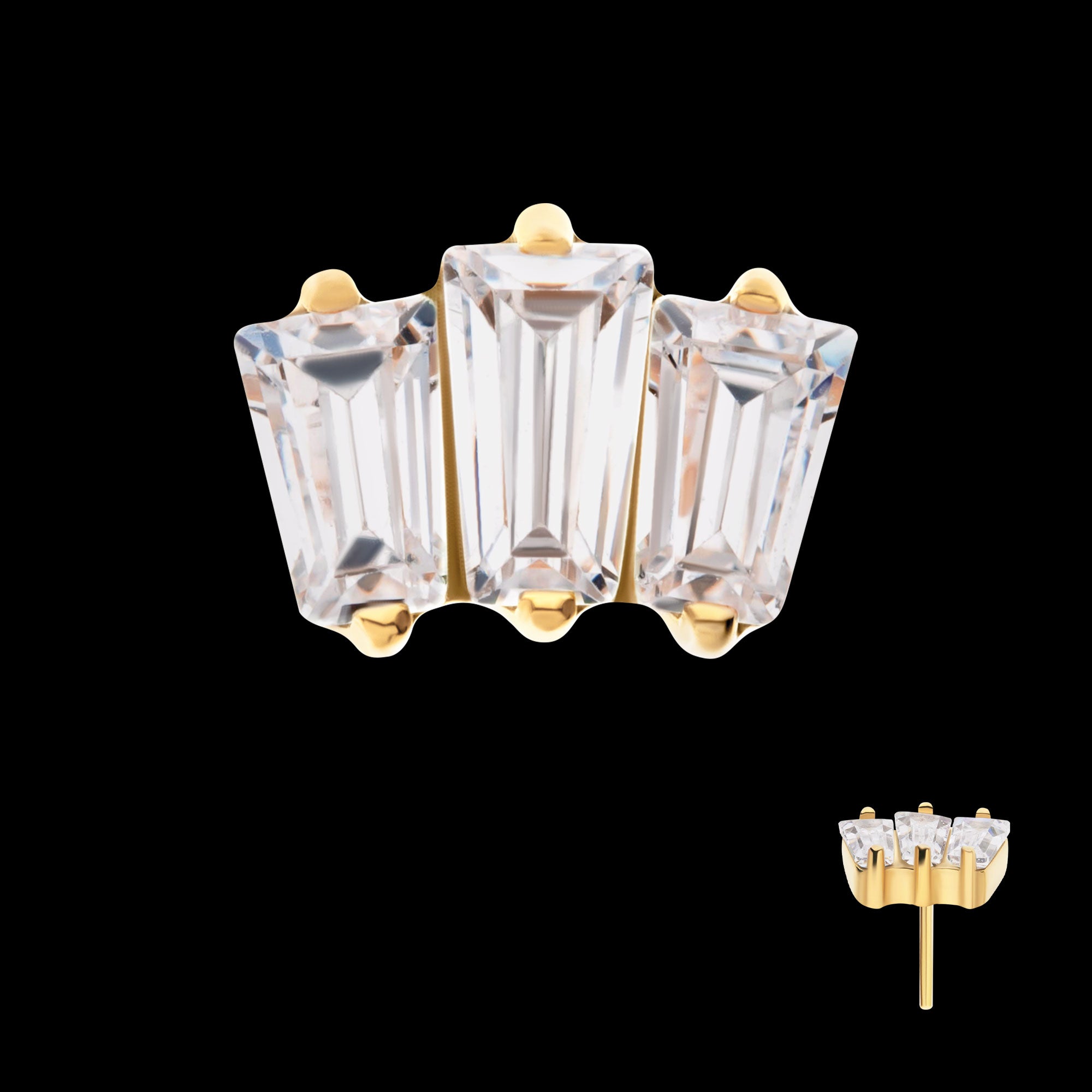 Prong Set Baguette CZ 3-Cluster Flatback Stud Earring / Nosering - CZ in 24Kt Gold PVD Titanium