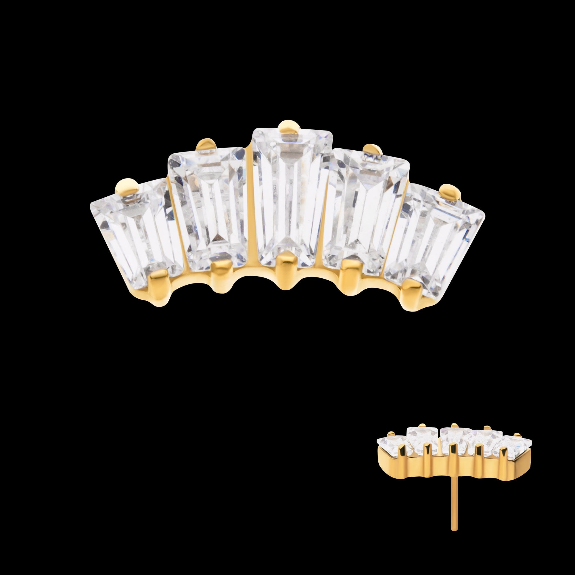 Prong Set Baguette CZ 5-Cluster Flatback Stud Earring / Nosering - CZ in 24Kt Gold PVD Titanium