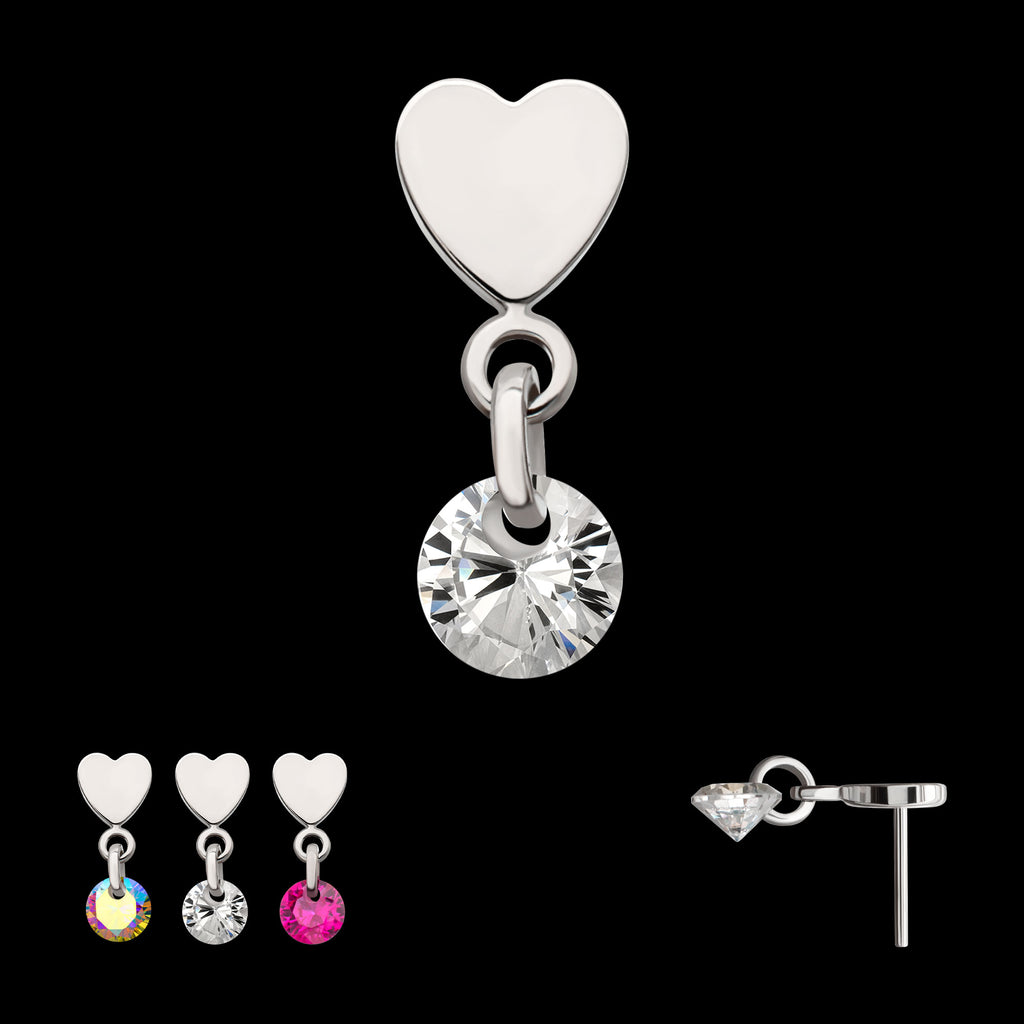 Flat Heart with Floating CZ Gem Dangle Flatback Stud Earring / Nosering - CZ in Platinum PVD Titanium