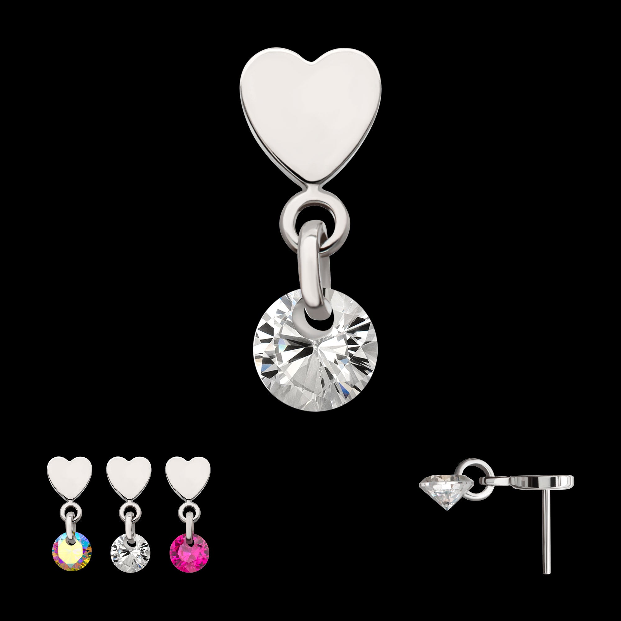 Flat Heart with Floating CZ Gem Dangle Flatback Stud Earring / Nosering - CZ in Platinum PVD Titanium