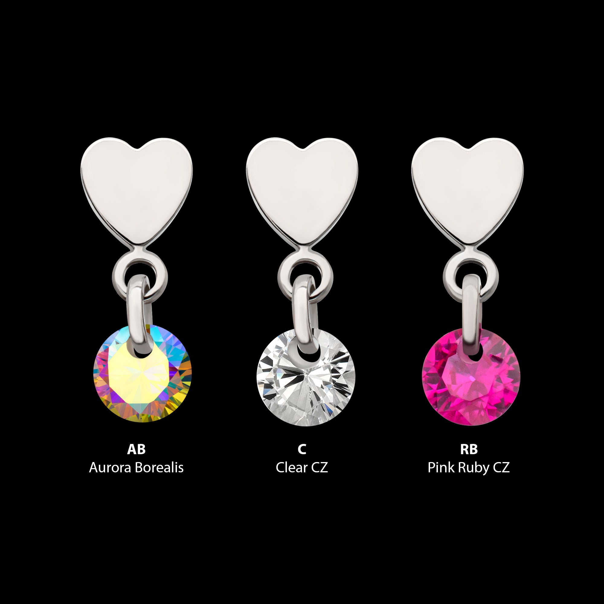 Flat Heart with Floating CZ Gem Dangle Flatback Stud Earring / Nosering - CZ in Platinum PVD Titanium
