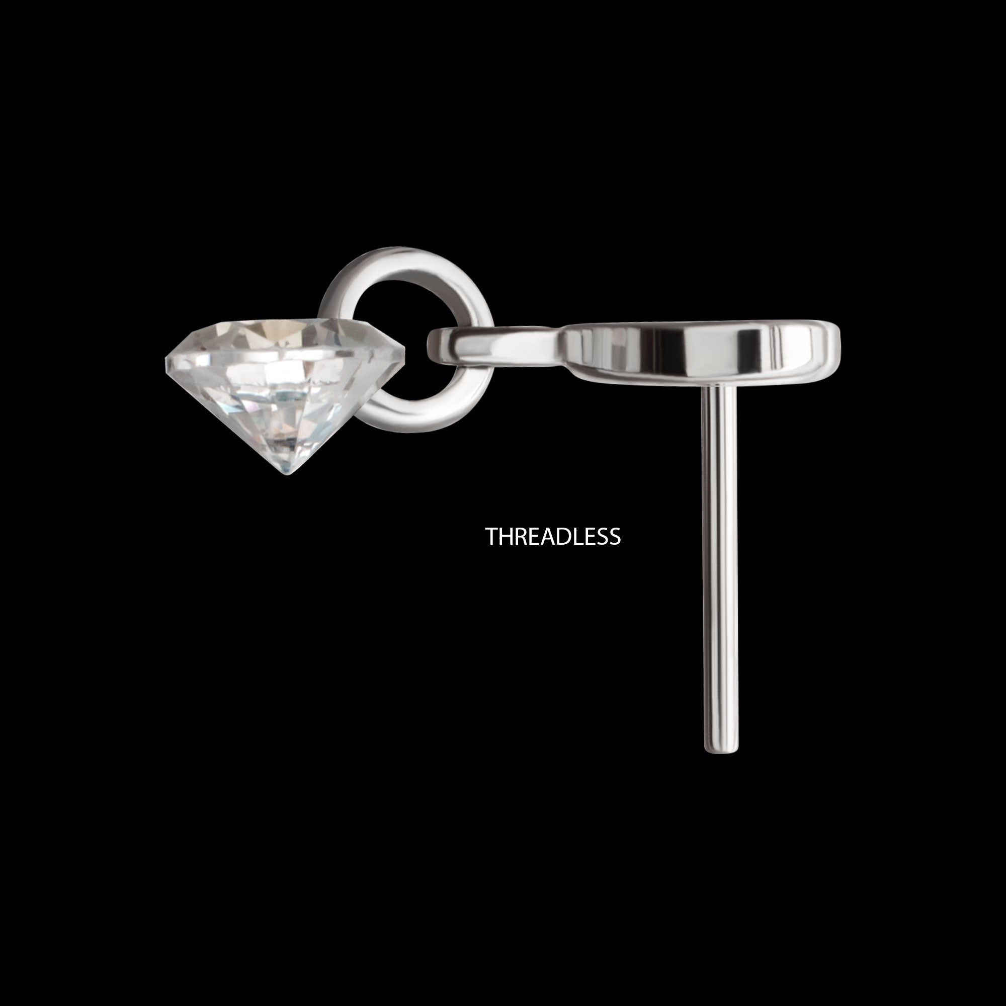 Flat Heart with Floating CZ Gem Dangle Flatback Stud Earring / Nosering - CZ in Platinum PVD Titanium