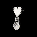 Flat Heart with Floating CZ Gem Dangle Flatback Stud Earring / Nosering - CZ in Platinum PVD Titanium
