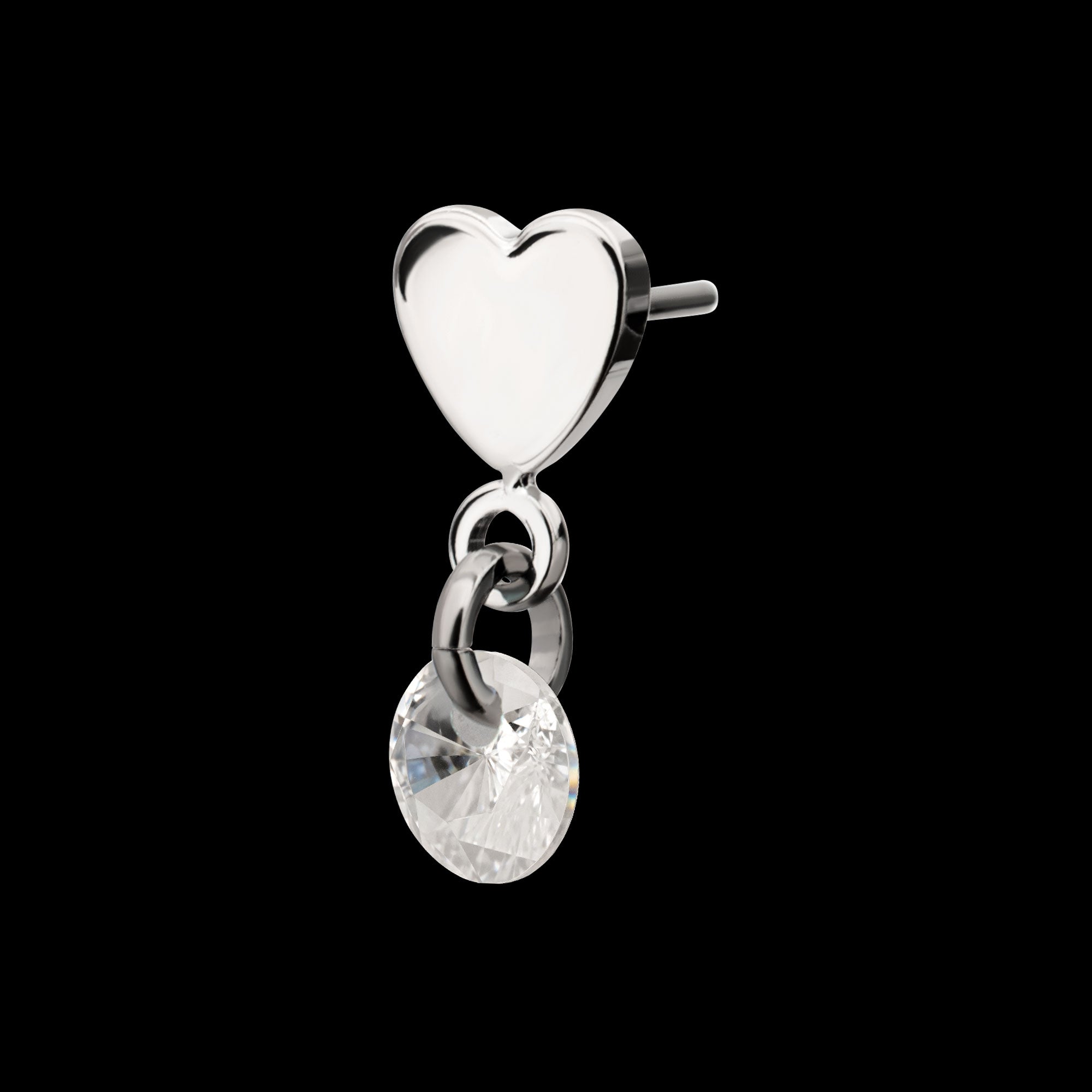 Flat Heart with Floating CZ Gem Dangle Flatback Stud Earring / Nosering - CZ in Platinum PVD Titanium