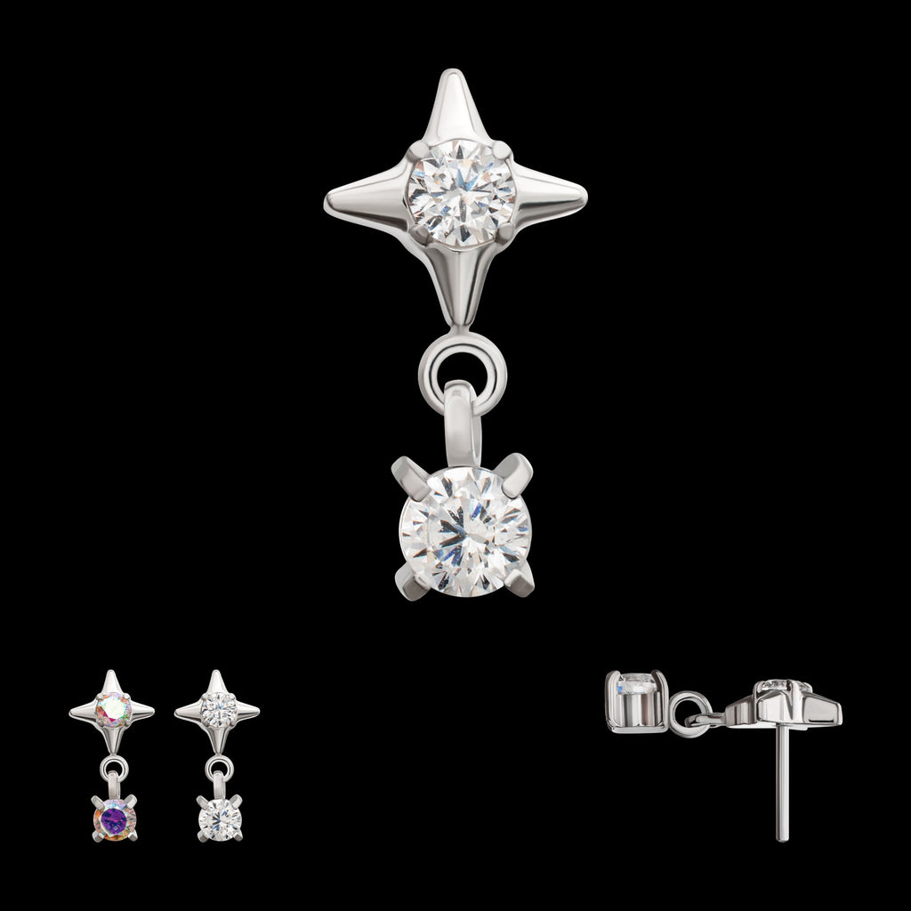 Celestial Star with Prong Set CZ Gem Dangle Flatback Stud Earring / Nosering - CZ in Platinum PVD Titanium