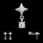 Celestial Star with Prong Set CZ Gem Dangle Flatback Stud Earring / Nosering - CZ in Platinum PVD Titanium