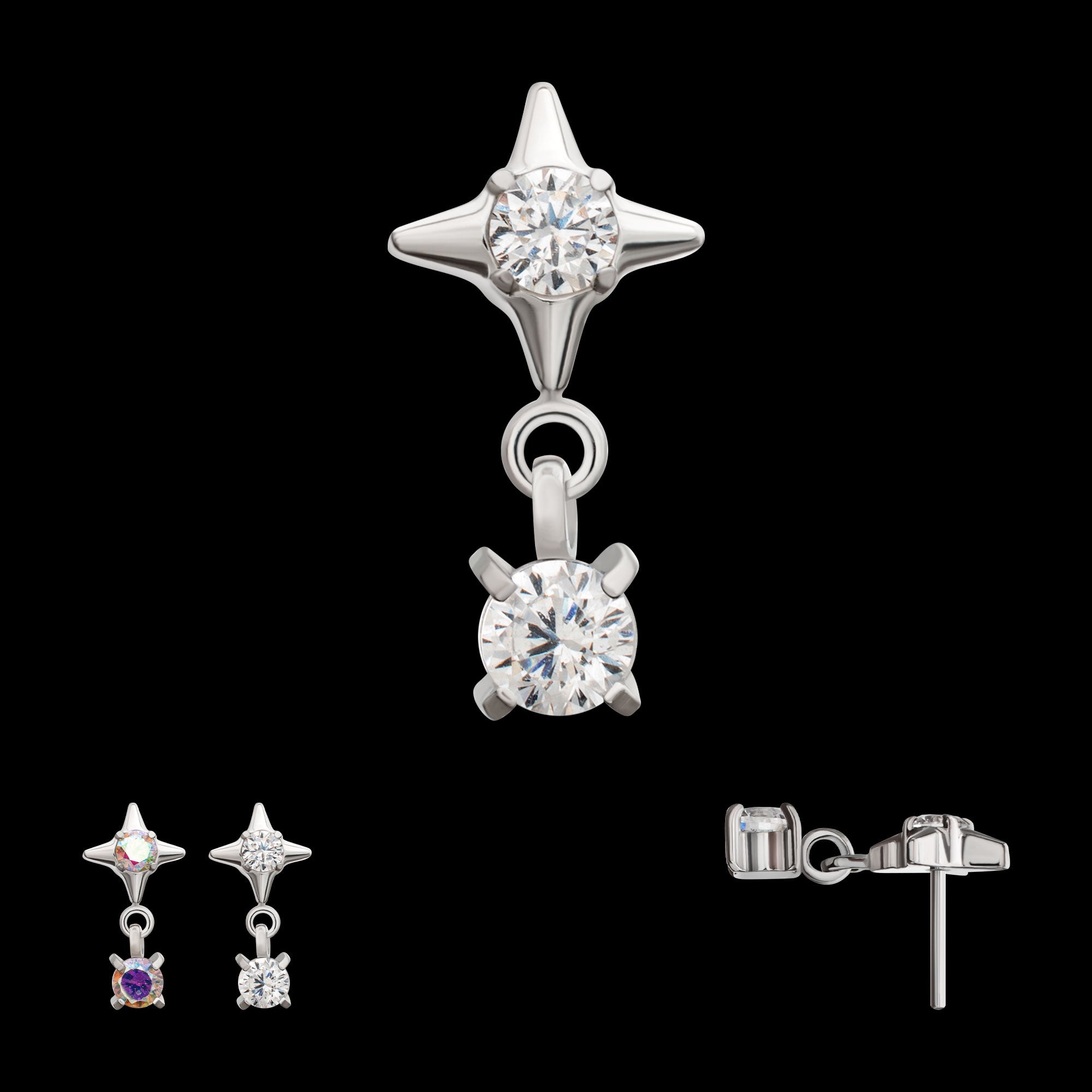 Celestial Star with Prong Set CZ Gem Dangle Flatback Stud Earring / Nosering - CZ in Platinum PVD Titanium
