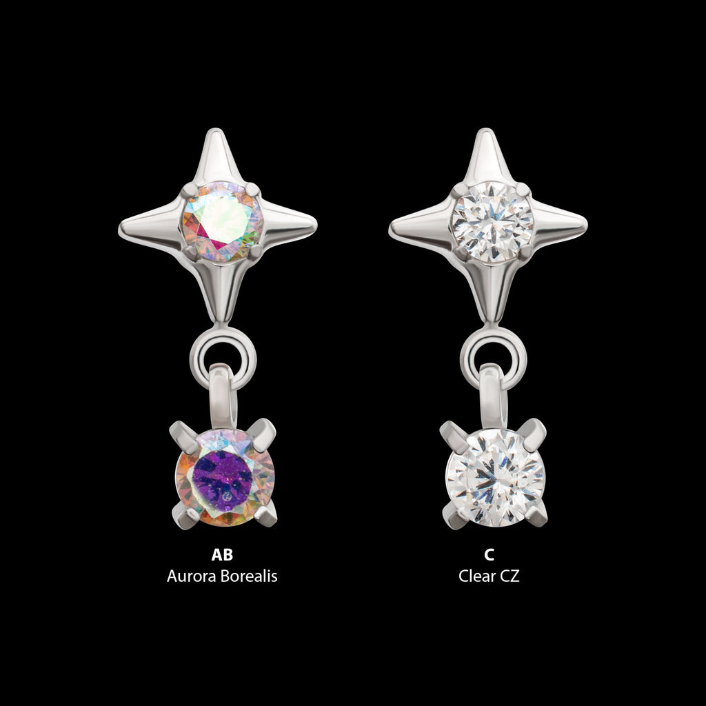 Celestial Star with Prong Set CZ Gem Dangle Flatback Stud Earring / Nosering - CZ in Platinum PVD Titanium