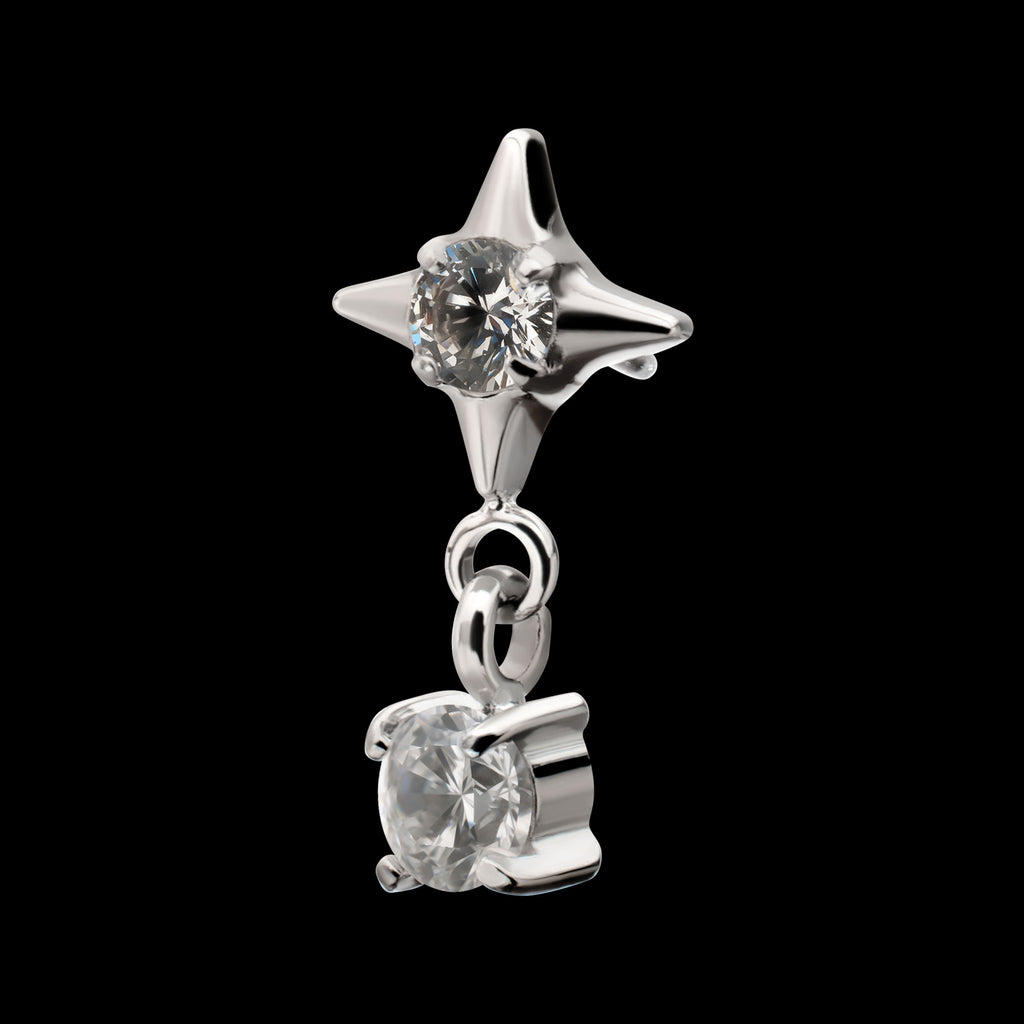 Celestial Star with Prong Set CZ Gem Dangle Flatback Stud Earring / Nosering - CZ in Platinum PVD Titanium