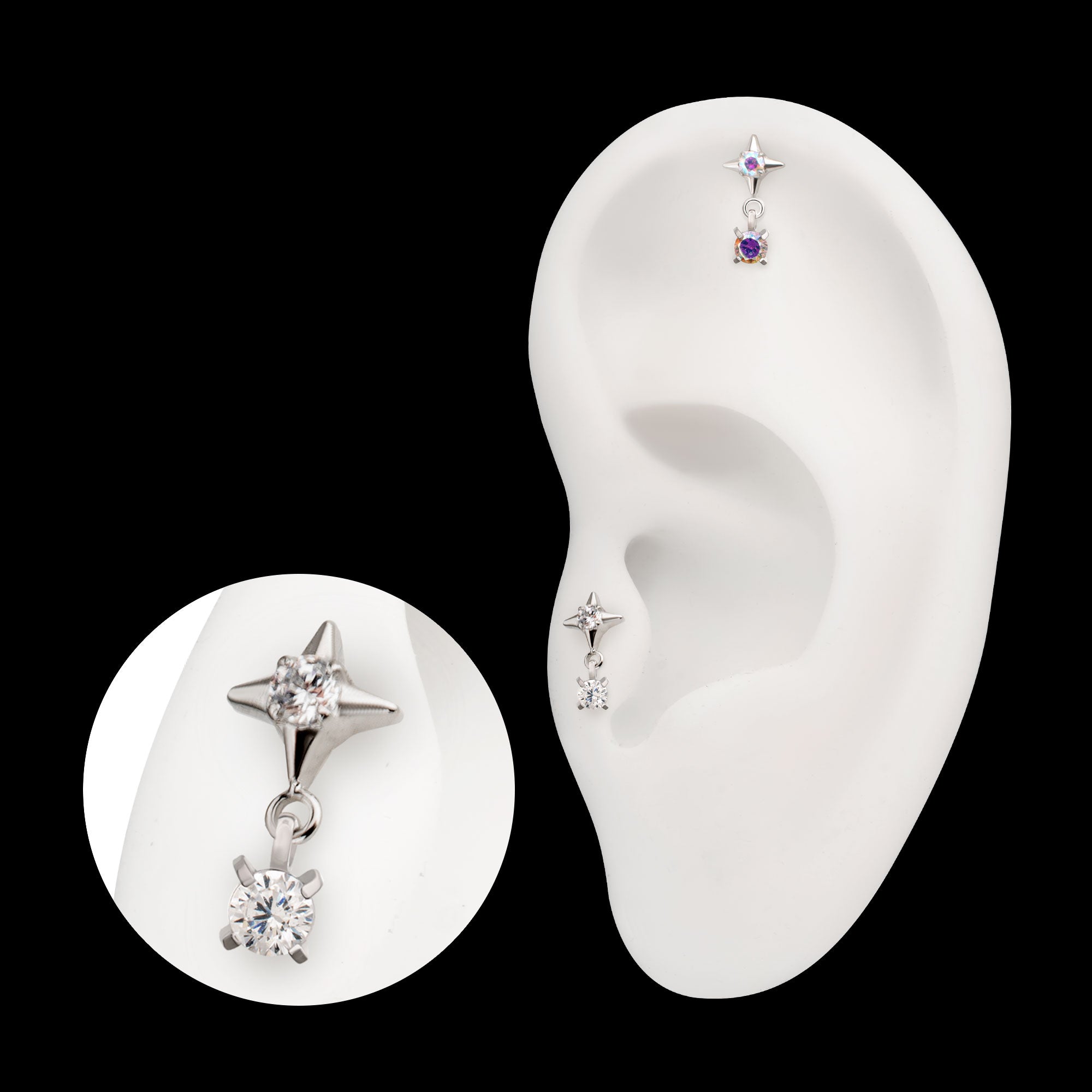 Celestial Star with Prong Set CZ Gem Dangle Flatback Stud Earring / Nosering - CZ in Platinum PVD Titanium