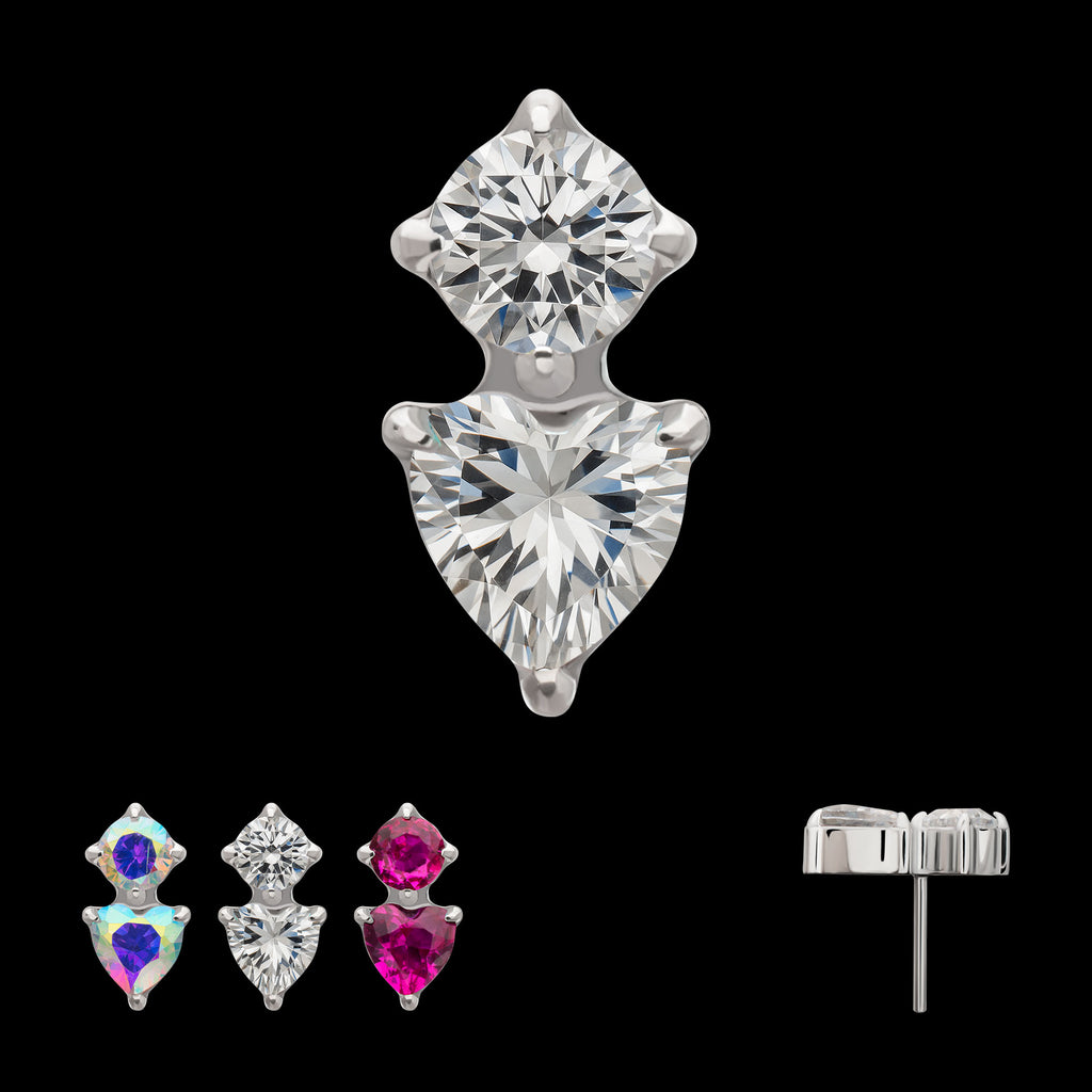 Prong Set Round & Heart Gem Flatback Stud Earring / Nosering - Gem in Platinum PVD Titanium