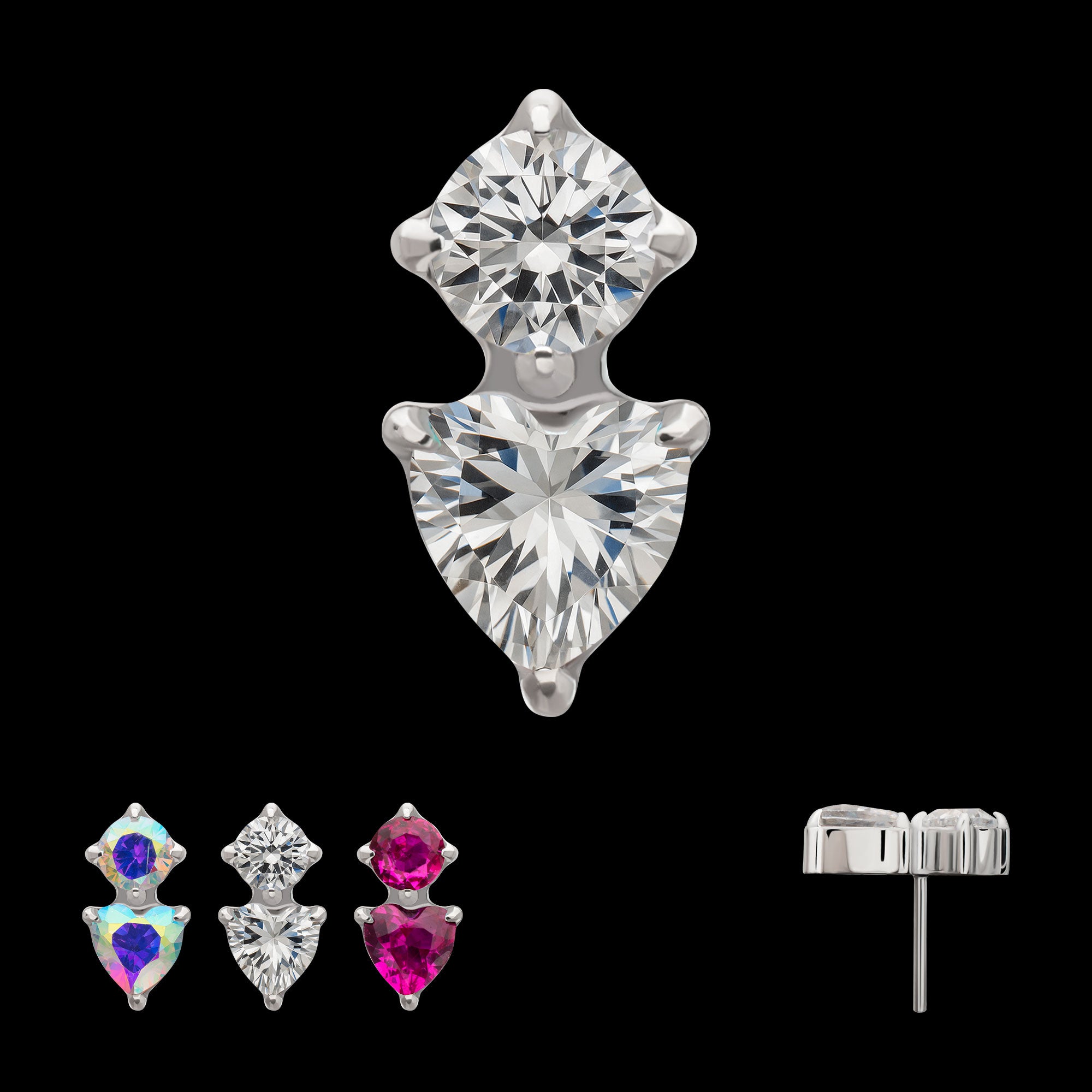 Prong Set Round & Heart Gem Flatback Stud Earring / Nosering - Gem in Platinum PVD Titanium