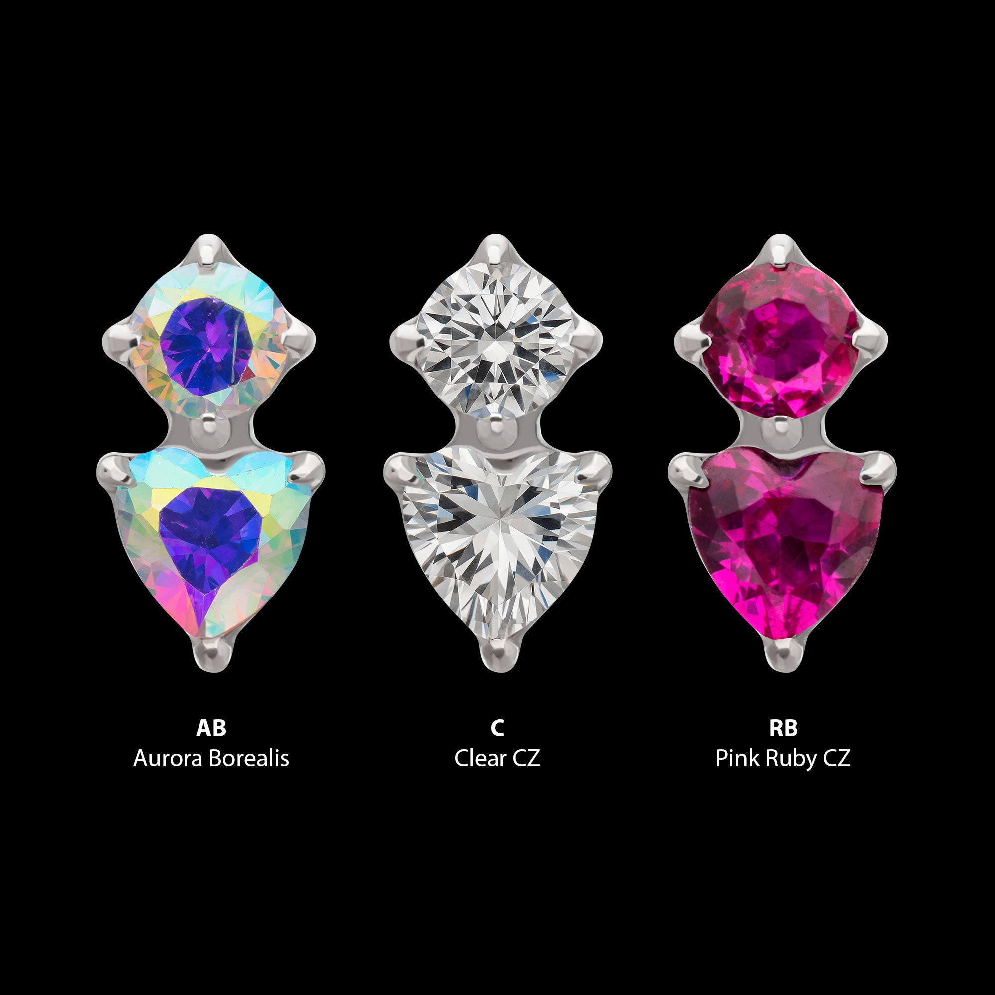 Prong Set Round & Heart Gem Flatback Stud Earring / Nosering - Gem in Platinum PVD Titanium