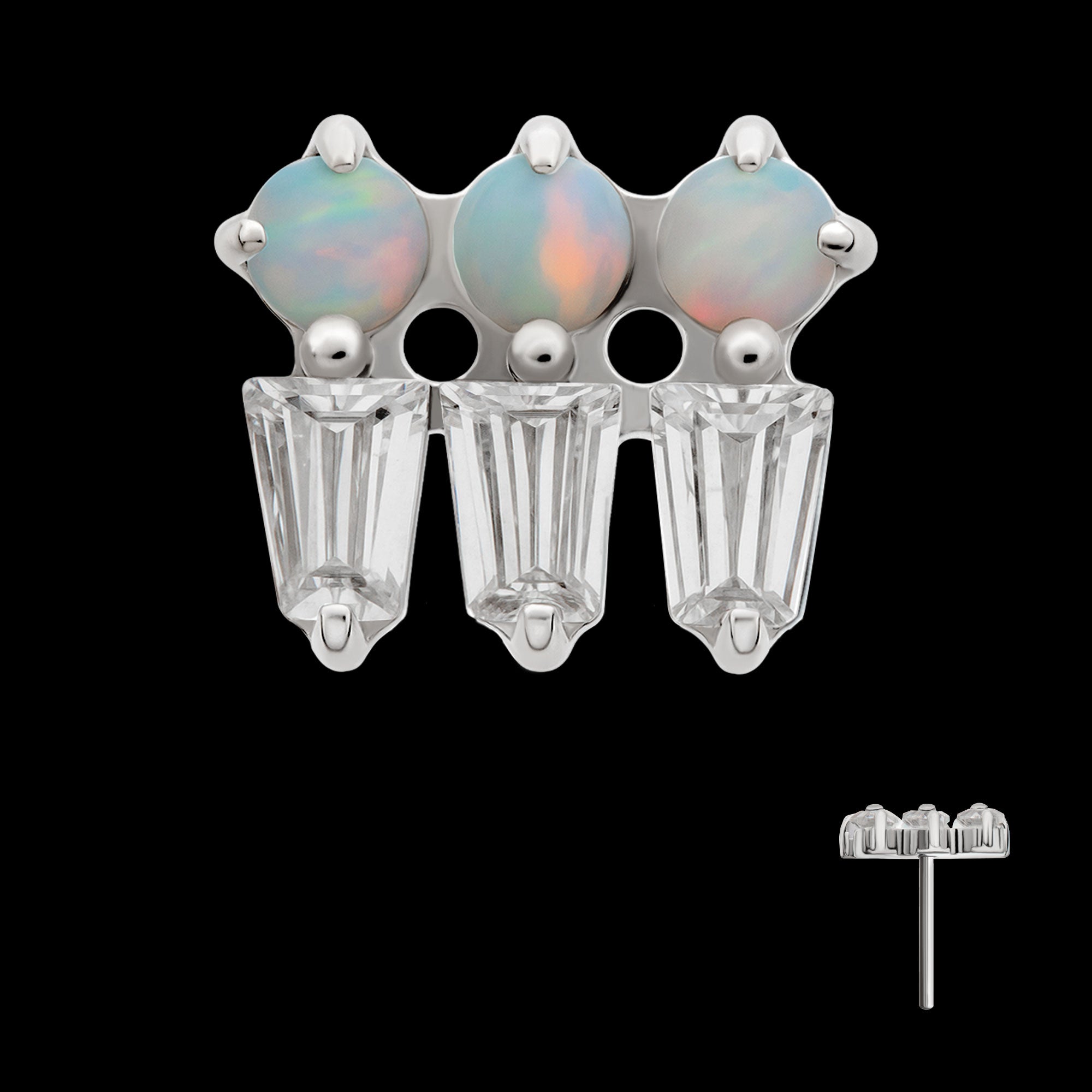 Triple Cluster with Prong Set Round Opal & Baguette CZ Gem Flatback Stud Earring / Nosering - CZ & Opal in Platinum PVD Titanium
