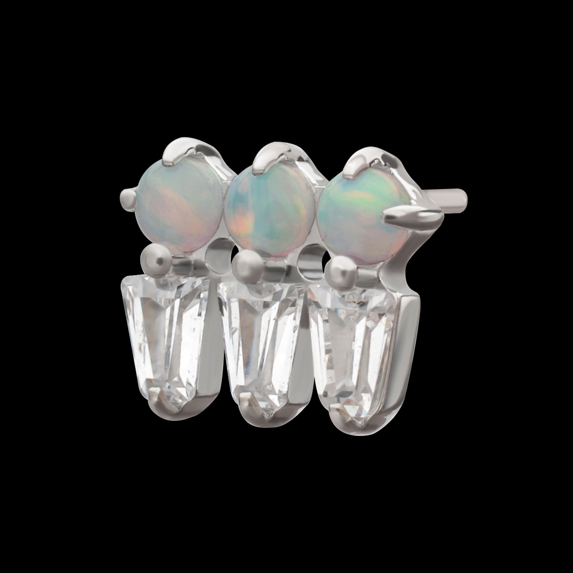 Triple Cluster with Prong Set Round Opal & Baguette CZ Gem Flatback Stud Earring / Nosering - CZ & Opal in Platinum PVD Titanium